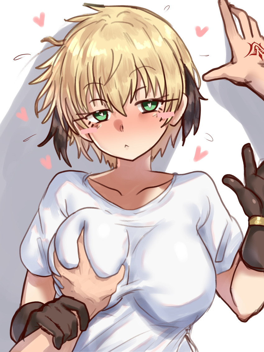 1girl absurdres blonde_hair blush blush_stickers breast_hold breasts ebora fate/grand_order fate_(series) gareth_(fate) gloves green_eyes hair_flaps highres large_breasts looking_at_viewer pillow short_hair