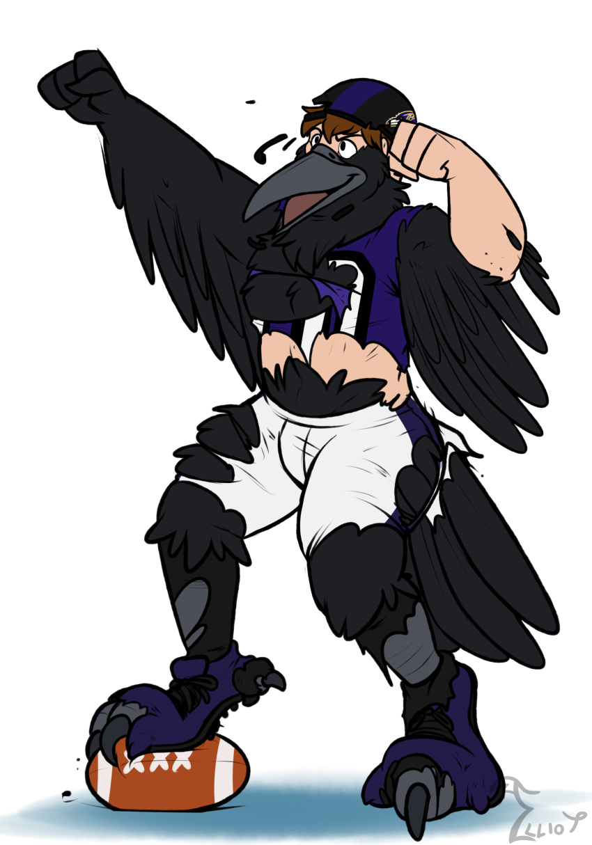 2023 absurd_res anthro armor avian binturongboy bird black_body black_feathers bottomwear broken_helmet cleats clothing corvid corvus_(genus) feathers fingerless_gloves football_(object) football_gear football_helmet football_jersey football_pants football_player football_uniform footwear gloves growth handwear headgear helmet hi_res human_to_anthro jersey long_beak male mascot nfl oscine pants passerine pheagle poe_(baltimore_ravens) pose raven simple_background socks solo species_transformation tail_growth tail_growth_in_pants talons torn_clothing transformation white_background