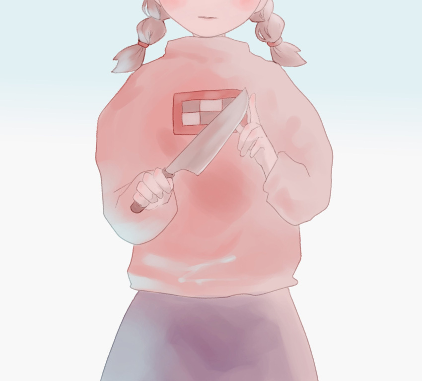 1girl blush braid brown_hair commentary cowboy_shot hand_up head_out_of_frame highres holding holding_knife index_finger_raised kitchen_knife knife long_sleeves madotsuki medium_hair parted_lips pink_sweater print_sweater purple_skirt simple_background skirt solo straight-on sweater symbol-only_commentary turtleneck turtleneck_sweater twin_braids wazuka_(wa_du_ka_) white_background yume_nikki