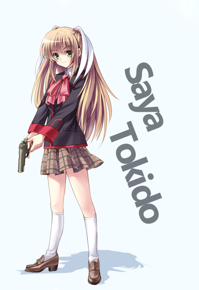 1girl absurdres black_jacket blonde_hair blush bow brown_footwear character_name closed_mouth commentary full_body green_eyes grey_background gun hair_between_eyes hair_ribbon handgun highres holding holding_gun holding_weapon jacket kneehighs little_busters! loafers long_hair long_sleeves longmei_er_de_tuzi looking_at_viewer miniskirt own_hands_together pink_bow plaid plaid_skirt pleated_skirt ribbon school_uniform shoes sidelocks simple_background skirt smile socks solo standing straight_hair tokido_saya v-shaped_eyebrows very_long_hair weapon white_ribbon white_socks