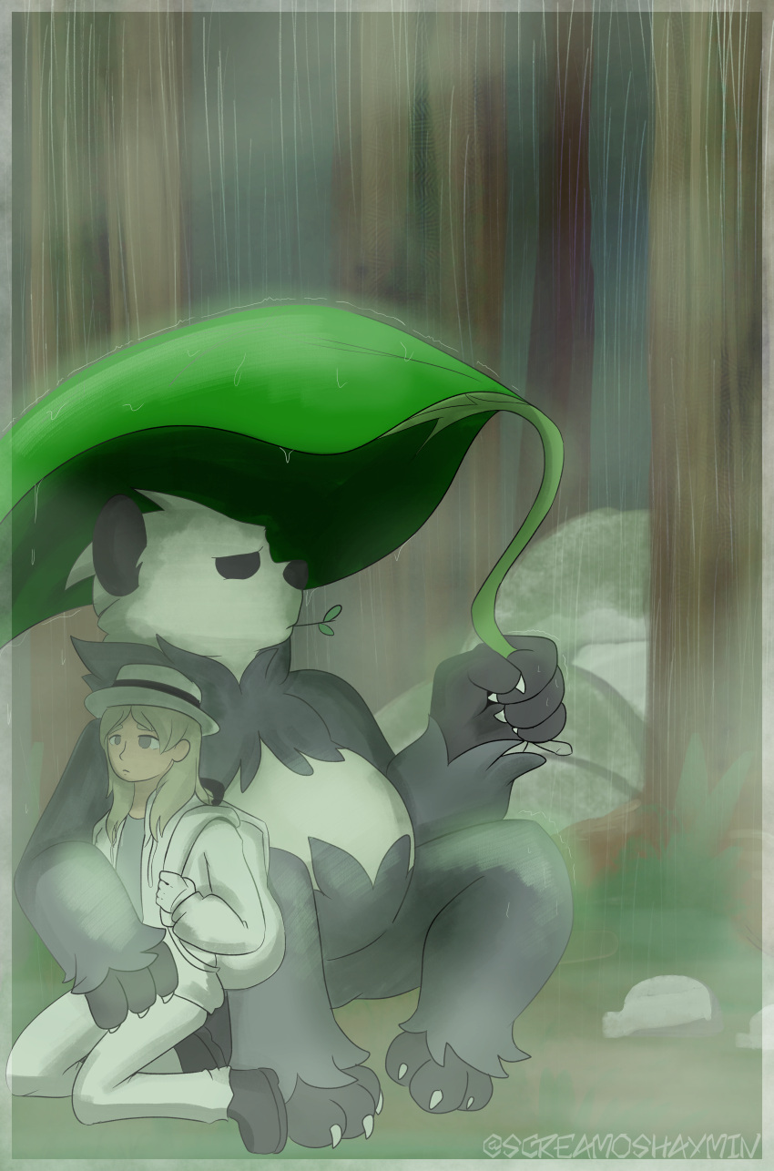 absurd_res female generation_6_pokemon hi_res human leaf mammal nintendo outside pangoro plant pokemon pokemon_(species) raining screamoshaymin tree