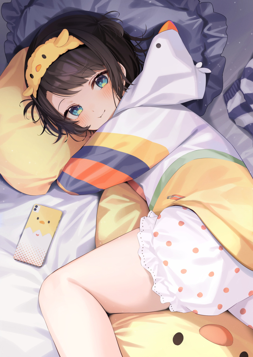 1girl absurdres bird_hood black_hair bloomers blue_eyes blush cellphone commentary_request duck_hood hairband highres hololive long_sleeves looking_at_viewer lying official_alternate_costume on_bed on_side oozora_subaru oozora_subaru_(7th_costume) phone polka_dot_bloomers setokane short_hair smile solo swept_bangs two_side_up underwear virtual_youtuber white_bloomers yellow_hairband