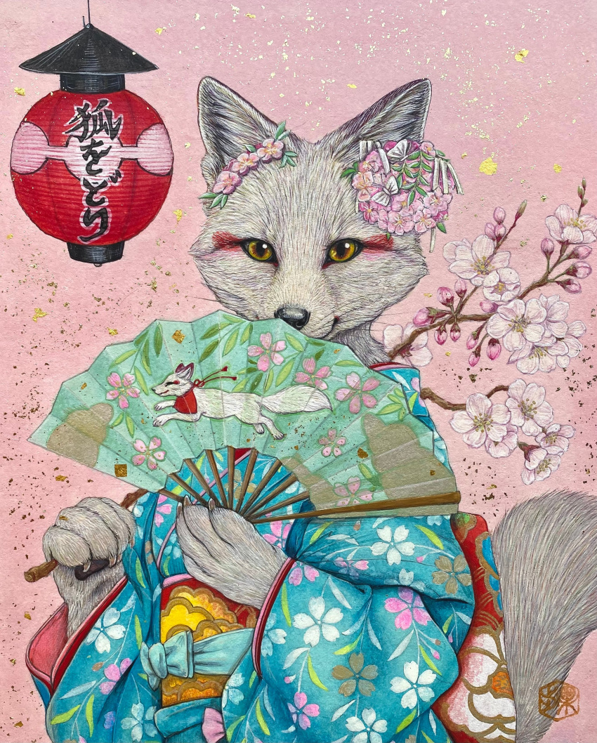 absurd_res accessory anthro asian_clothing black_nose canid canine clothing dipstick_ears east_asian_clothing female flower flower_in_hair fox fur hair hair_accessory handpaw hi_res japanese_clothing kaho_nishikawa kimono lamp lantern mammal multicolored_ears painting_(artwork) paper_fan paper_lantern paws pink_background plant realistic_fur simple_background solo traditional_media_(artwork) whiskers white_body white_fur yellow_eyes