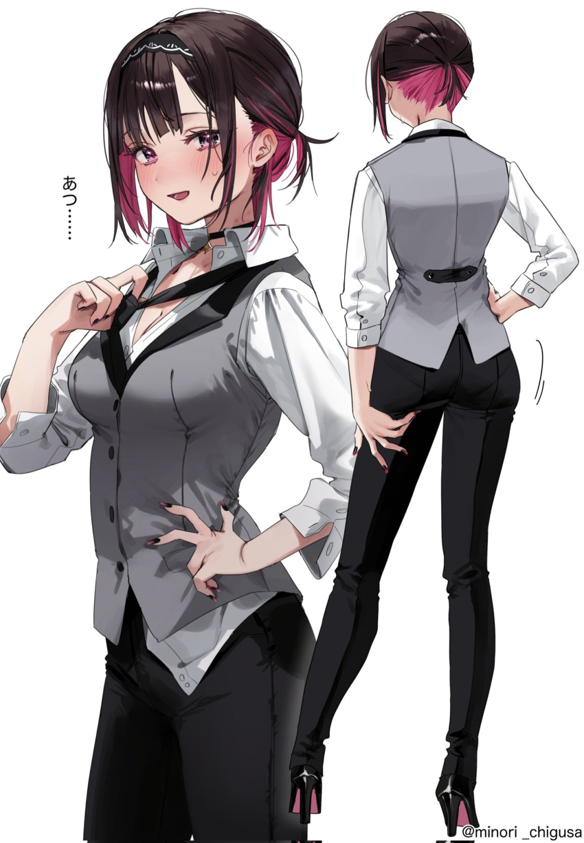 1girl black_choker black_footwear black_hairband black_nails black_necktie black_pants breasts brown_hair butler chigusa_minori choker cleavage collared_shirt colored_inner_hair commentary_request corrupted_twitter_file dress_shirt female_butler gradient_nails grey_vest hairband hand_on_own_hip high_heels highres looking_at_viewer medium_breasts multicolored_hair multiple_views necktie one_side_up open_mouth pants purple_eyes purple_hair purple_nails shino_to_ren shirayuki_ren shirt short_hair simple_background sweatdrop tomboy twitter_username vest white_background white_shirt