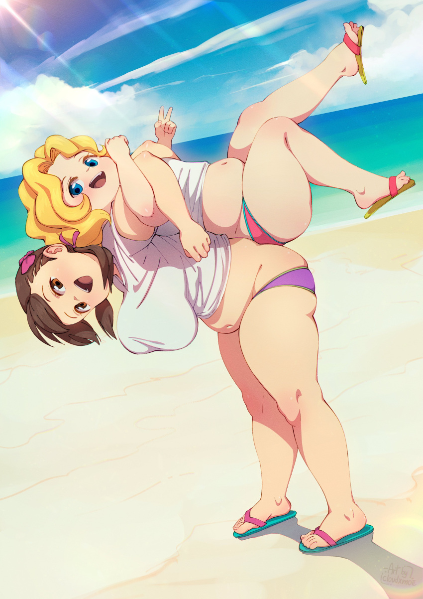 2girls absurdres artist_name beach bikini bikini_bottom_only bikini_day blonde_hair blue_eyes blue_sky breasts brown_eyes brown_hair cloud cloudxmoe cloudy_sky day english_text film_grain full_body hanging_breasts highres horizon large_breasts leaning_forward lens_flare light_rays locked_arms lying_on_another medium_hair multiple_girls navel ocean open_mouth outdoors plump sand sandals shadow short_sleeves skindentation sky standing sunlight swimsuit tareme thick_arms thick_thighs thighs v