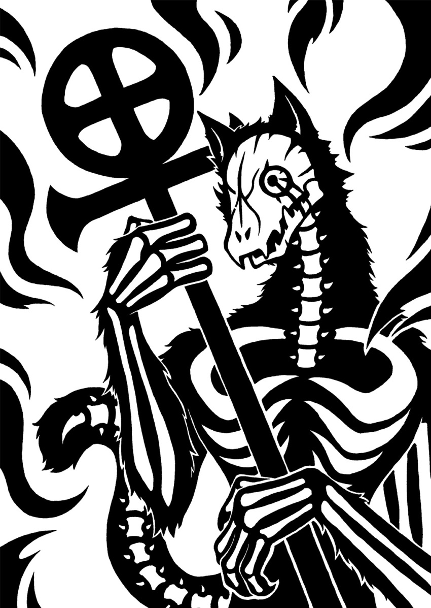 2014 4_claws 4_fingers animated_skeleton anthro biped black_and_white bone claws cross description digital_drawing_(artwork) digital_media_(artwork) domestic_cat english_description exposed_bone eyeball fangs felid feline felis fingers fire fur hi_res holding_cross holding_object male mammal monochrome prick_ears restricted_palette rib_cage scp-2999-b scp_foundation sharp_teeth silhouette simple_background skeleton skull skull_head solo staff standing stuart_hayward sunnyclockwork tail teeth undead vertebrae white_background