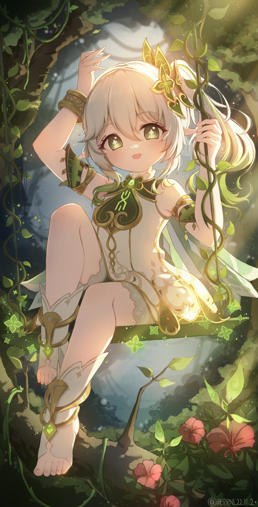 1girl absurdres akizuki_kawakaze armpits arms_up bloomers blurry bracelet bush cape commentary_request depth_of_field detached_sleeves dress flower forest genshin_impact gradient_hair green_cape green_eyes hair_between_eyes hair_ornament highres holding jewelry knee_up leaf_hair_ornament long_hair looking_at_viewer multicolored_hair nahida_(genshin_impact) nature outdoors pointy_ears short_dress short_sleeves side_ponytail sidelocks sitting solo stirrup_legwear streaked_hair swing symbol-shaped_pupils toeless_legwear toes tree two-tone_hair underwear white_bloomers white_dress white_hair