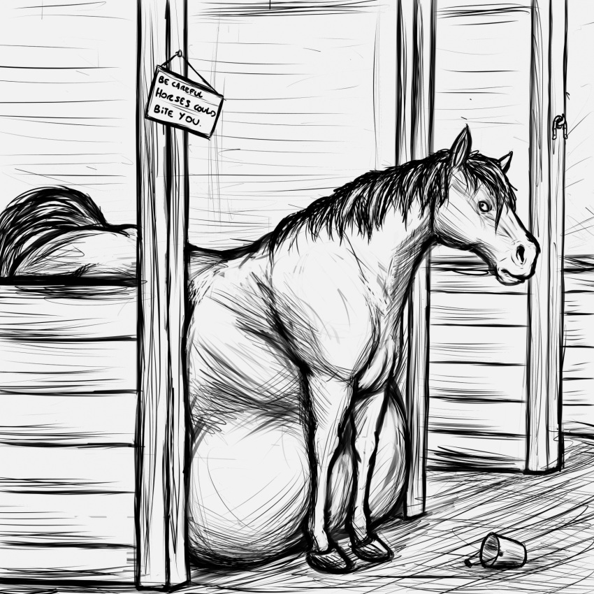 1:1 after_vore ambiguous_gender belly big_belly black_and_white bucket container equid equine feral feral_pred hi_res horse looking_back mammal monochrome side_view sketch stable thatgryphonguy traditional_media_(artwork) vore