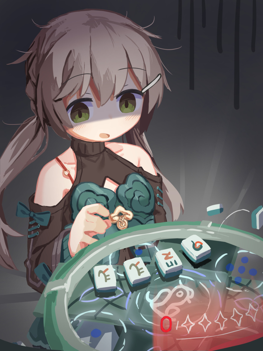 1girl bare_shoulders black_shirt black_sleeves blush brown_hair clothing_cutout collarbone dress gloom_(expression) green_dress green_eyes hair_between_eyes hair_ornament hairclip hand_up hassai highres honkai:_star_rail honkai_(series) layered_clothes looking_at_object low_twintails mahjong mahjong_table mahjong_tile qingque_(honkai:_star_rail) shaded_face shirt shoulder_cutout sidelocks solo table turtleneck twintails unkempt upper_body