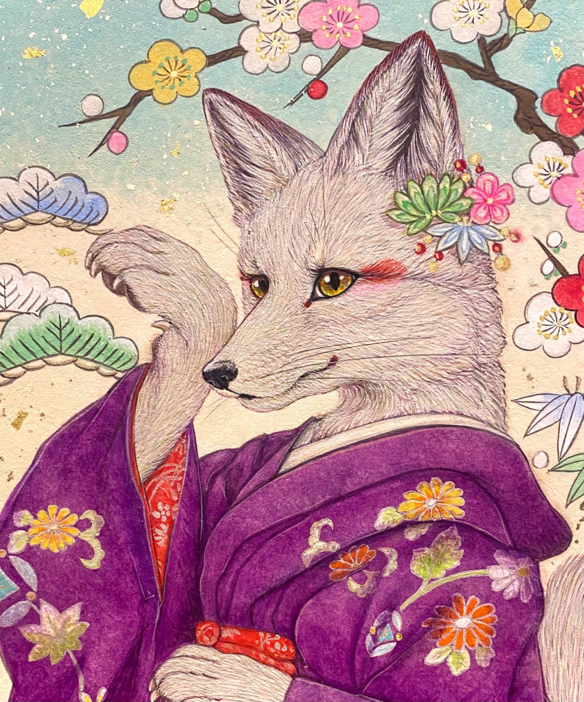 accessory anthro asian_clothing black_nose canid canine clothing dipstick_ears east_asian_clothing female flower flower_in_hair fox fur hair hair_accessory handpaw hi_res japanese_clothing kaho_nishikawa kimono mammal multicolored_ears painting_(artwork) paws plant realistic_fur solo traditional_media_(artwork) whiskers white_body white_fur yellow_eyes