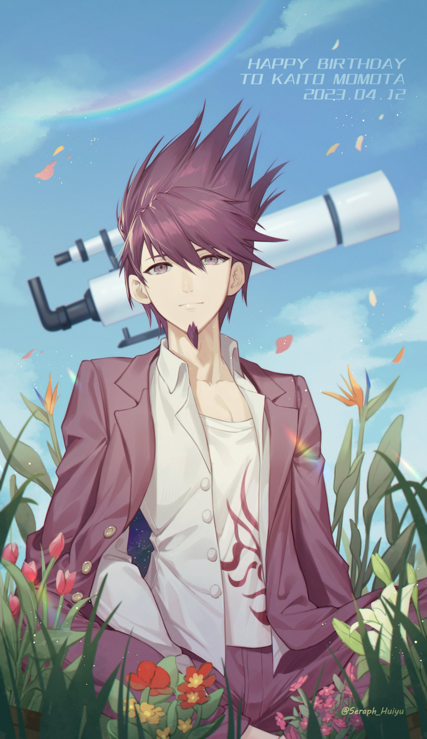 1boy absurdres buttons character_name collarbone danganronpa_(series) danganronpa_v3:_killing_harmony dated ewa_(seraphhuiyu) flower grass hair_between_eyes happy_birthday highres jacket momota_kaito open_clothes open_jacket open_shirt outdoors pink_eyes pink_hair pink_jacket pink_patns print_shirt red_flower shirt solo space_print spiked_hair starry_sky_print teeth white_shirt yellow_flower