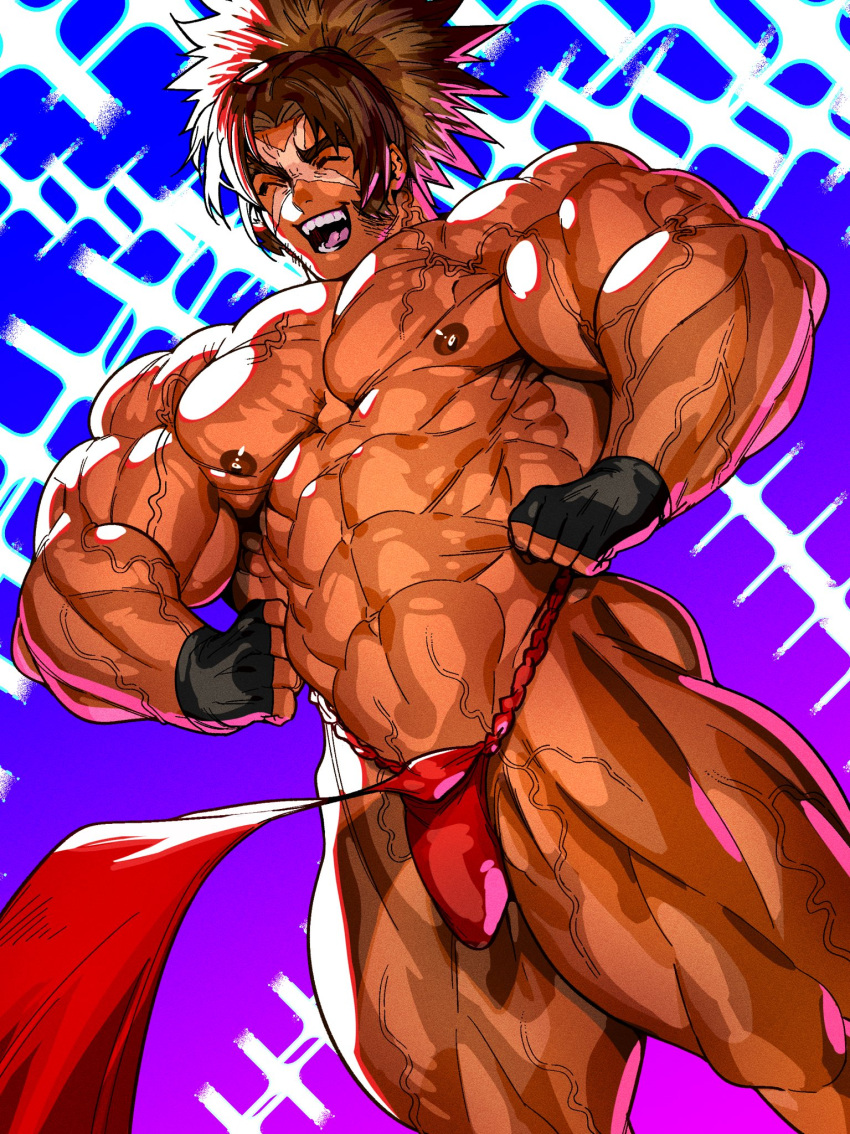 1boy abs bara blazblue bodybuilder brown_hair bulge closed_eyes clothes_lift cross_scar feet_out_of_frame flexing from_below highres large_pectorals mabataki male_focus muscular muscular_male navel nipples oiled pectoral_flexing pectorals pelvic_curtain pelvic_curtain_lift scar scar_on_face scar_on_forehead shishigami_bang solo sparkle_background stomach strongman_waist thick_arms thick_eyebrows thick_thighs thighs topless_male veins veiny_arms veiny_crotch