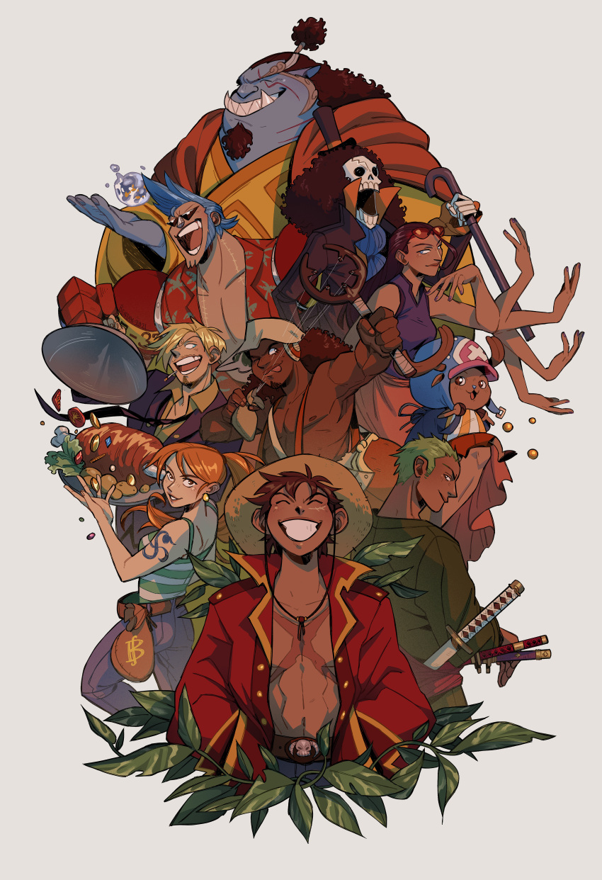 2girls 6+boys absurdres afro ascot black_hair blonde_hair blue_eyes blue_hair blue_skin boned_meat brook_(one_piece) brown_eyes cane cigarette closed_eyes coin collared_jacket colored_skin cross_scar denim earrings eyewear_on_head facial_hair food franky_(one_piece) goatee gold_coin grey_hair hat hawaiian_shirt highres holding holding_cane holding_plate jeans jewelry jinbe_(one_piece) long_hair looking_at_another looking_at_viewer meat monkey_d._luffy multiple_boys multiple_girls multiple_hands multiple_swords nami_(one_piece) nico_robin one_piece open_mouth pants plate ponytail red_hair reindeer roronoa_zoro sanji_(one_piece) scar scar_on_chest sharp_teeth shirt short_hair shoulder_tattoo skeleton sleeveless sleeveless_shirt slingshot smile straw_hat sunglasses tan tattoo teeth thedustyleaves tongue tongue_out tony_tony_chopper topless_male usopp