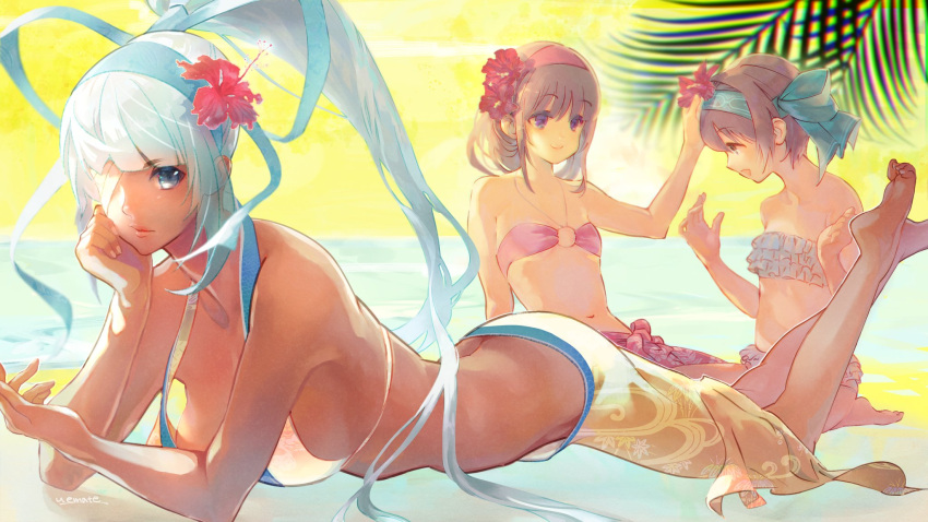 bandage_over_one_eye bikini blue_eyes bow breasts brown_eyes brown_hair cleavage dark-skinned_female dark_skin hair_bow hair_ribbon hairband highres large_breasts long_hair looking_at_viewer majikina_mina multiple_girls nakoruru navel open_mouth ponytail ribbon rimururu samurai_spirits sarong short_hair siblings side-tie_skirt sideboob sisters smile snk swimsuit uemate very_long_hair white_hair white_sarong