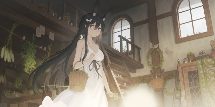 1girl absurdres animal_ears basket bird breasts brown_eyes brown_hair cleavage dress food highres holding indoors ladder large_breasts long_hair original plant potted_plant rabbit_ears rabbit_girl scenery shop solo stairs sundress vegetable white_dress window yao_ren_gui