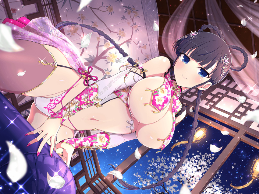 1girl architecture bare_shoulders bed bell black_garter_straps black_hair black_thighhighs blue_eyes blunt_bangs blush bow braid branch breast_curtains breasts chinese_clothes cleavage closed_mouth collar curtains detached_collar detached_sleeves east_asian_architecture falling_petals fingernails floral_print flower garter_straps gem gold_tassel gold_trim groin hair_flower hair_ornament highres huge_breasts ikaruga_(senran_kagura) jewelry jingle_bell lantern lattice light_particles linea_alba long_braid long_hair looking_at_viewer nail_polish navel night night_sky official_alternate_costume official_alternate_hairstyle official_art panties petals pillow pillow_straddling pink_collar pink_gemstone pink_nails pink_panties pink_rope purple_gemstone revealing_clothes rope senran_kagura senran_kagura_new_link senran_kagura_shoujo-tachi_no_shin'ei sky smile solo sparkle star_(sky) starry_sky stomach straddling tassel thighhighs thighs tree underboob underwear white_bow white_flower yaegashi_nan yellow_gemstone
