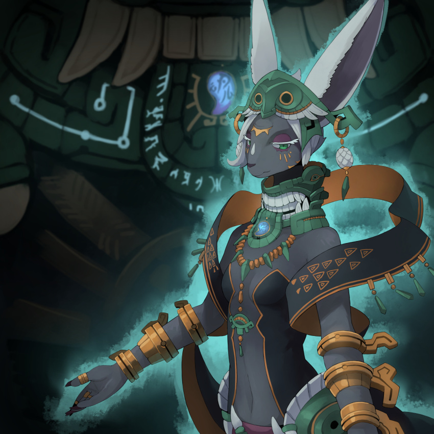 3_eyes 5_fingers anthro armlet armor big_ears biped black_clothing black_nails black_nose black_topwear bracelet breasts clothed clothing colored colored_nails detailed_background digit_ring digital_media_(artwork) female fingers front_view fur gorget green_eyes grey_body grey_fur grey_inner_ear hair half-closed_eyes half-length_portrait headgear headwear hi_res humanoid_hands jewelry kamukamu6392 kemono lagomorph long_ears looking_at_viewer mammal midriff mineru monotone_ears monotone_hair multi_eye multicolored_body multicolored_fur nails narrowed_eyes navel necklace nintendo portrait pose ring sash shaded sharp_nails short_hair slim small_breasts solo standing tears_of_the_kingdom the_legend_of_zelda three-quarter_view topwear two_tone_body two_tone_fur white_body white_ears white_eyelashes white_fur white_hair zonai
