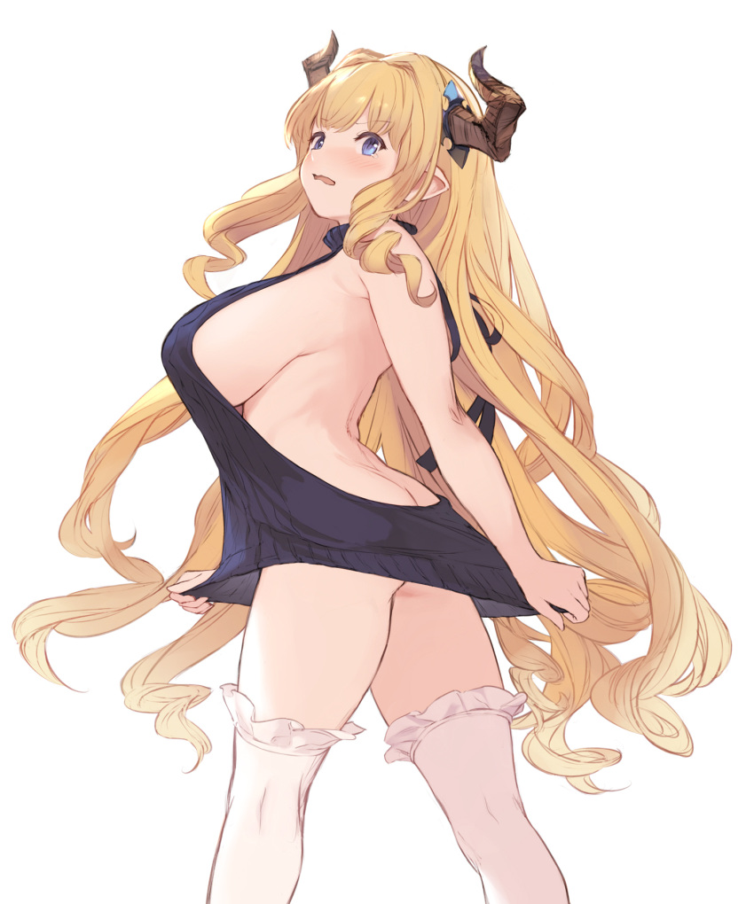 1girl aran_sweater ass backless_dress backless_outfit bare_back black_sweater blonde_hair blush breasts butt_crack cable_knit clothes_tug commentary_request draph dress granblue_fantasy halterneck highres horns large_breasts long_hair meme_attire open_mouth razia sideboob simple_background solo sweater sweater_dress sweater_tug thighhighs turtleneck turtleneck_sweater u_jie virgin_killer_sweater white_background white_thighhighs