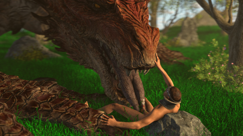 3d_(artwork) ambiguous_gender bestiality bodily_fluids brown_hair capcom claws cum cum_on_tongue digital_media_(artwork) dragon duo elder_dragon erection feet feral forest forest_background forked_tongue genital_fluids genitals grass hair hand_on_claw hand_on_snout horn human human_on_feral interspecies laid_back licking male mammal monster monster_hunter nature nature_background nude penis plant pupils rock safi'jiiva scales scalie sex sharp_teeth slit_pupils source_filmmaker teeth toe_claws toes tongue tongue_out tree weekyle yellow_eyes yellow_sclera