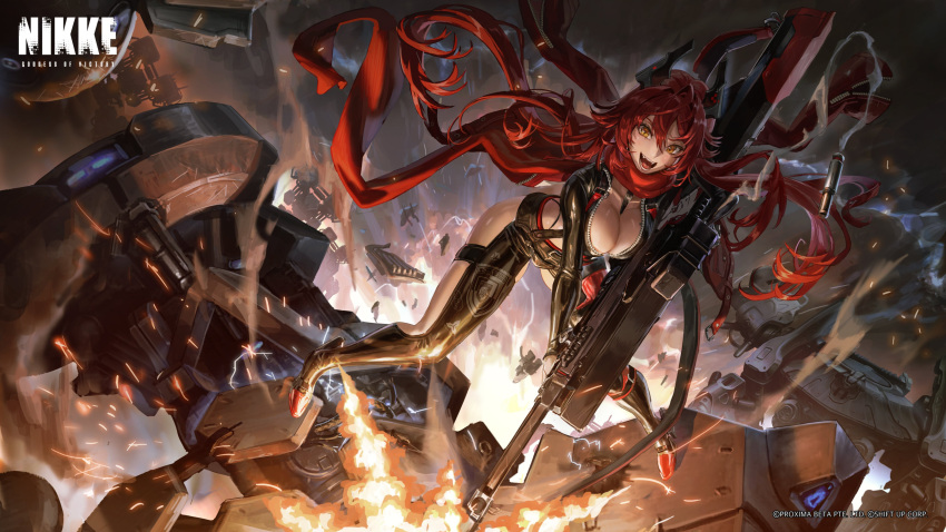 1girl absurdres biker_clothes bikesuit bodysuit breasts cavehuuu cleavage explosion goddess_of_victory:_nikke gun highres holding holding_gun holding_weapon horns large_breasts long_hair long_sleeves looking_at_viewer official_art open_mouth rapture_(nikke) red_hair red_hood_(nikke) rifle second-party_source smile sniper_rifle solo teeth tongue weapon yellow_eyes zipper