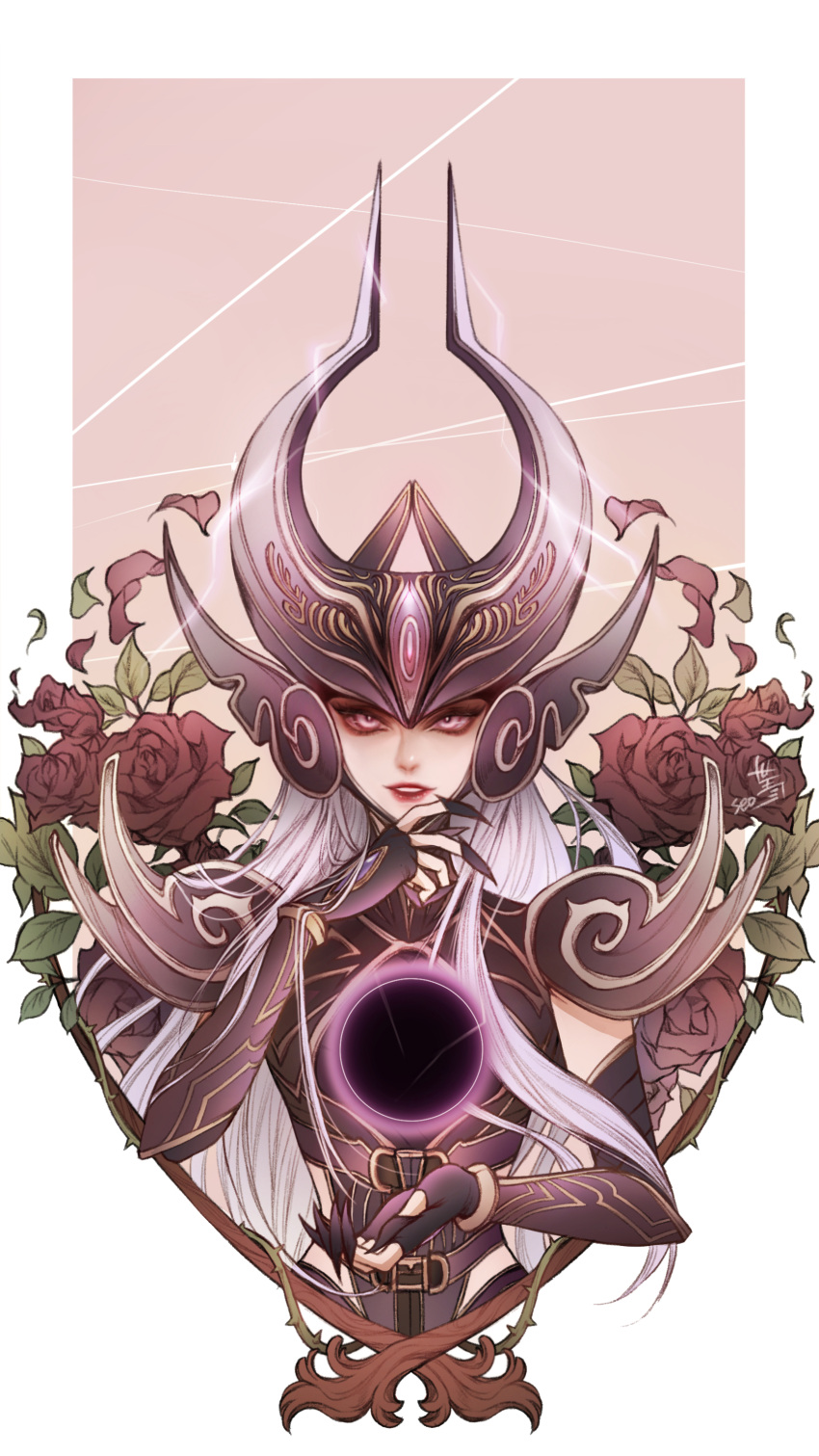 1girl absurdres bebseo belt branch claw_(weapon) elbow_gloves energy_ball fingerless_gloves flower gloves highres leaf league_of_legends long_hair looking_at_viewer magic petals purple_belt purple_eyes purple_gloves red_flower rose simple_background smile solo syndra upper_body weapon white_hair