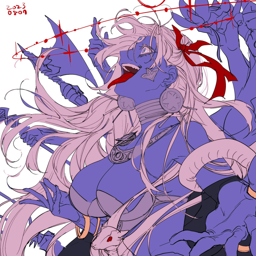 1girl armor axe bare_shoulders bikini_armor blue_eyes blue_skin bracelet breasts cleavage colored_skin crema_525 earrings extra_arms fate/grand_order fate_(series) flower hair_ribbon halo highres jewelry kali_(fate) large_breasts long_hair looking_up neck_ring necklace open_mouth polearm revealing_clothes ribbon sash smile snake solo third_eye thumb_ring tongue tongue_out trident very_long_hair weapon white_hair