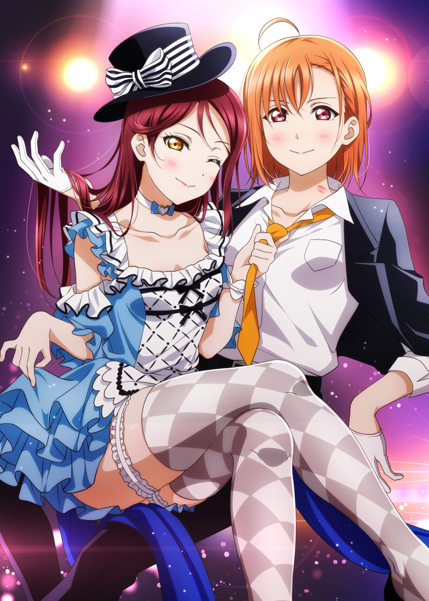 2girls absurdres ahoge black_headwear blue_dress blush breasts choker detached_sleeves dress gloves hair_ornament half_gloves hat hat_ribbon highres jacket kougi_hiroshi legwear_garter long_hair looking_at_viewer love_live! love_live!_sunshine!! medium_breasts multiple_girls necktie one_eye_closed open_clothes open_jacket orange_hair orange_necktie red_hair ribbon sakurauchi_riko shirt short_hair smile takami_chika thighhighs white_choker white_shirt yellow_eyes