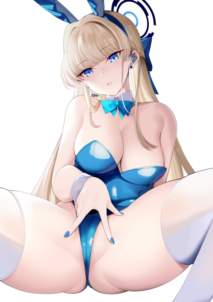 1girl animal_ears ass blonde_hair blue_archive blue_bow blue_bowtie blue_eyes blue_hair blue_halo blue_leotard blue_nails bow bowtie breasts cleavage daive detached_collar fake_animal_ears fingernails hair_bow halo headset highres leotard long_hair multicolored_hair official_alternate_costume playboy_bunny rabbit_ears sitting solo thighhighs toki_(blue_archive) toki_(bunny)_(blue_archive) two-tone_hair white_thighhighs