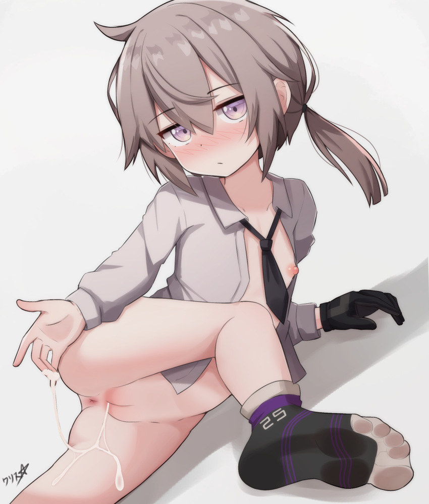 1girl ahoge anus ass black_gloves black_socks blush boppin bottomless breasts cleft_of_venus closed_mouth collared_shirt cum cum_in_pussy cum_on_fingers cum_string dress_shirt feet flat_chest foot_focus girls'_frontline gloves grey_hair hair_between_eyes highres looking_at_viewer lying m200_(girls'_frontline) naked_shirt necktie nipple_slip nipples open_clothes open_shirt ponytail purple_eyes pussy shirt sidelocks signature simple_background single_glove socks soles solo stomach uncensored white_background white_shirt