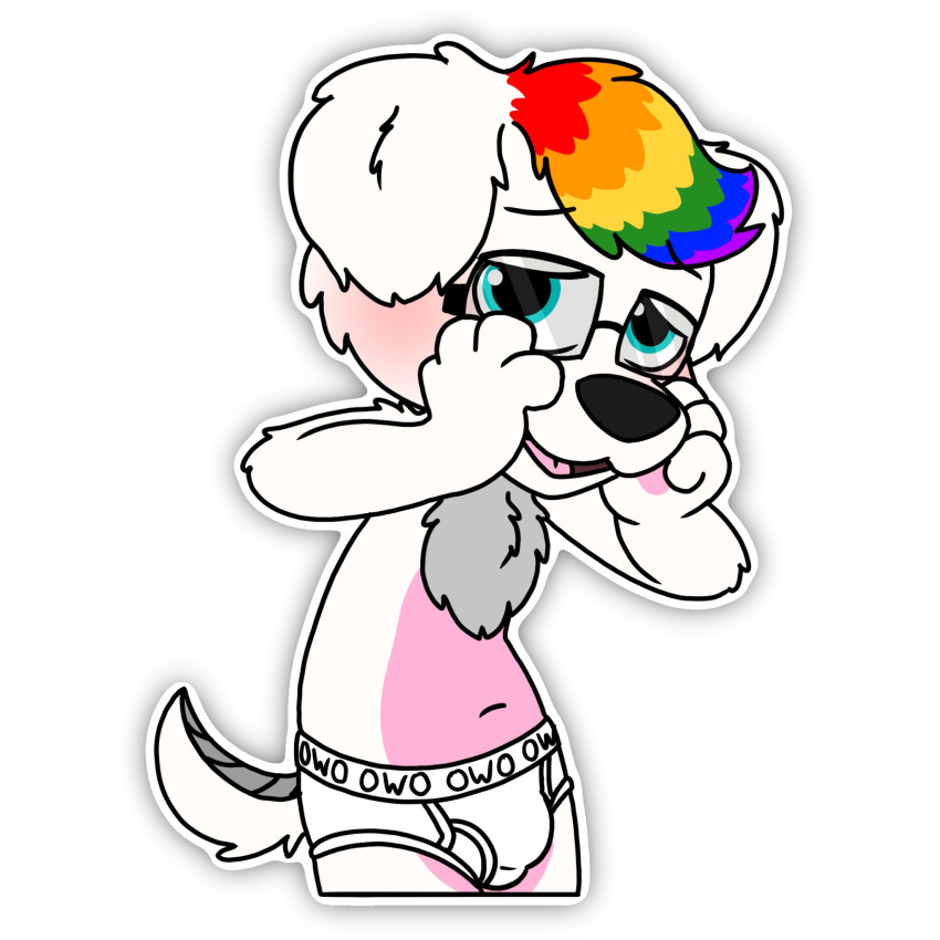 anthro beagle black_nose blush border briefs briefs_only bulge canid canine canis clothed clothing domestic_dog eyewear fur glasses grey_body grey_fur hair hand_on_cheek hi_res hunting_dog male mammal monotone_briefs monotone_clothing monotone_underwear multicolored_hair open_mouth owo rainbow_hair scent_hound shaded_border simple_background solo tighty_whities tongue_showing topless underwear underwear_only walter_the_mix white_background white_body white_border white_briefs white_clothing white_fur white_underwear