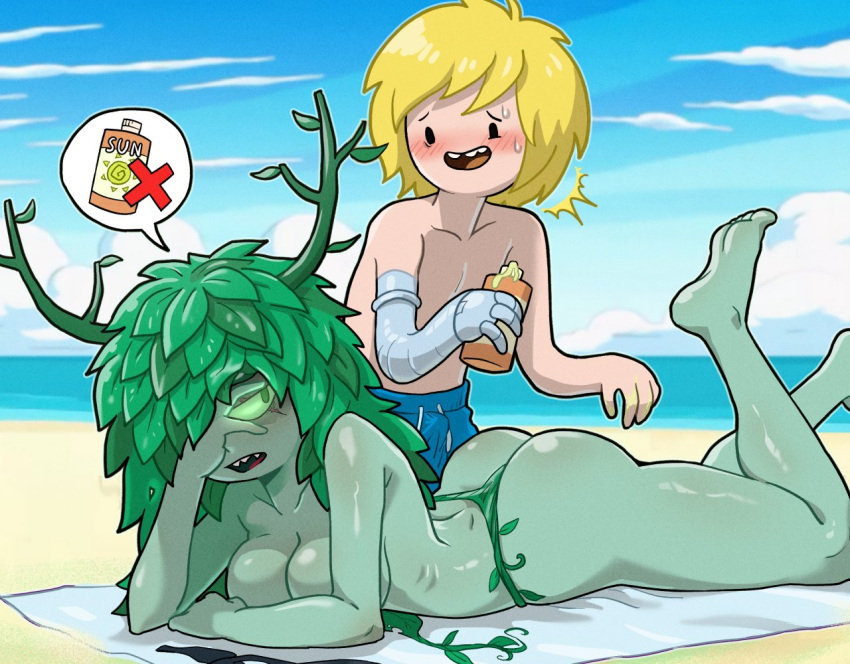 adventure_time anters big_butt blonde_hair bottle breasts butt cartoon_network centinel303 clothed clothing container day duo elemental_creature eye_scar facial_scar female finn_the_human flora_fauna green_body green_eyes hair human human_on_humanoid humanoid huntress_wizard interspecies male male/female mammal plant prosthetic prosthetic_arm prosthetic_limb pseudo_hair scar sea seaside skimpy sky sunscreen swimming_trunks swimwear topless water