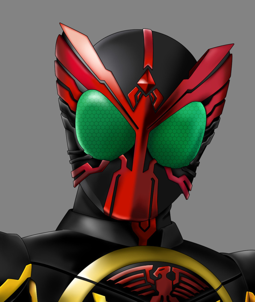 1boy close-up commentary compound_eyes forehead_jewel gold_trim green_eyes grey_background hexagon highres kamen_rider kamen_rider_ooo kamen_rider_ooo_(series) looking_at_viewer male_focus manchi_kansuke mask simple_background tatoba_(ooo_combo) tokusatsu upper_body