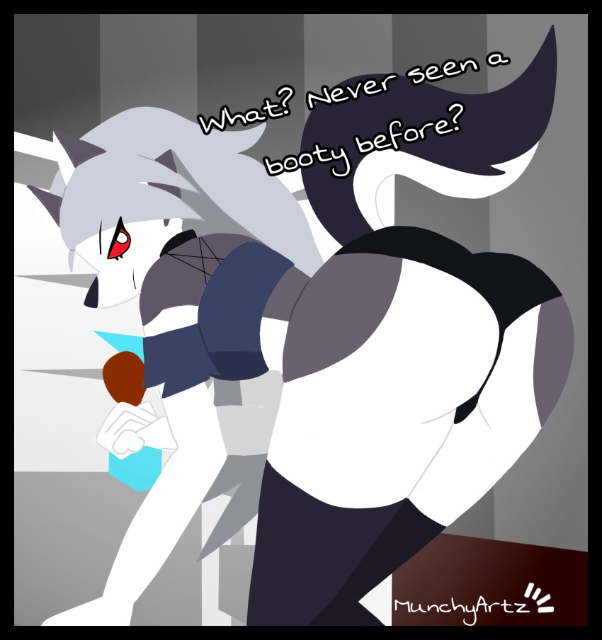 anthro black_body black_fur canid canid_demon canine canis clothing demon dialogue female food fur grey_body grey_fur hellhound helluva_boss hi_res legwear loona_(helluva_boss) mammal munchyartz presenting solo thigh_highs underwear undressing white_body white_fur wolf