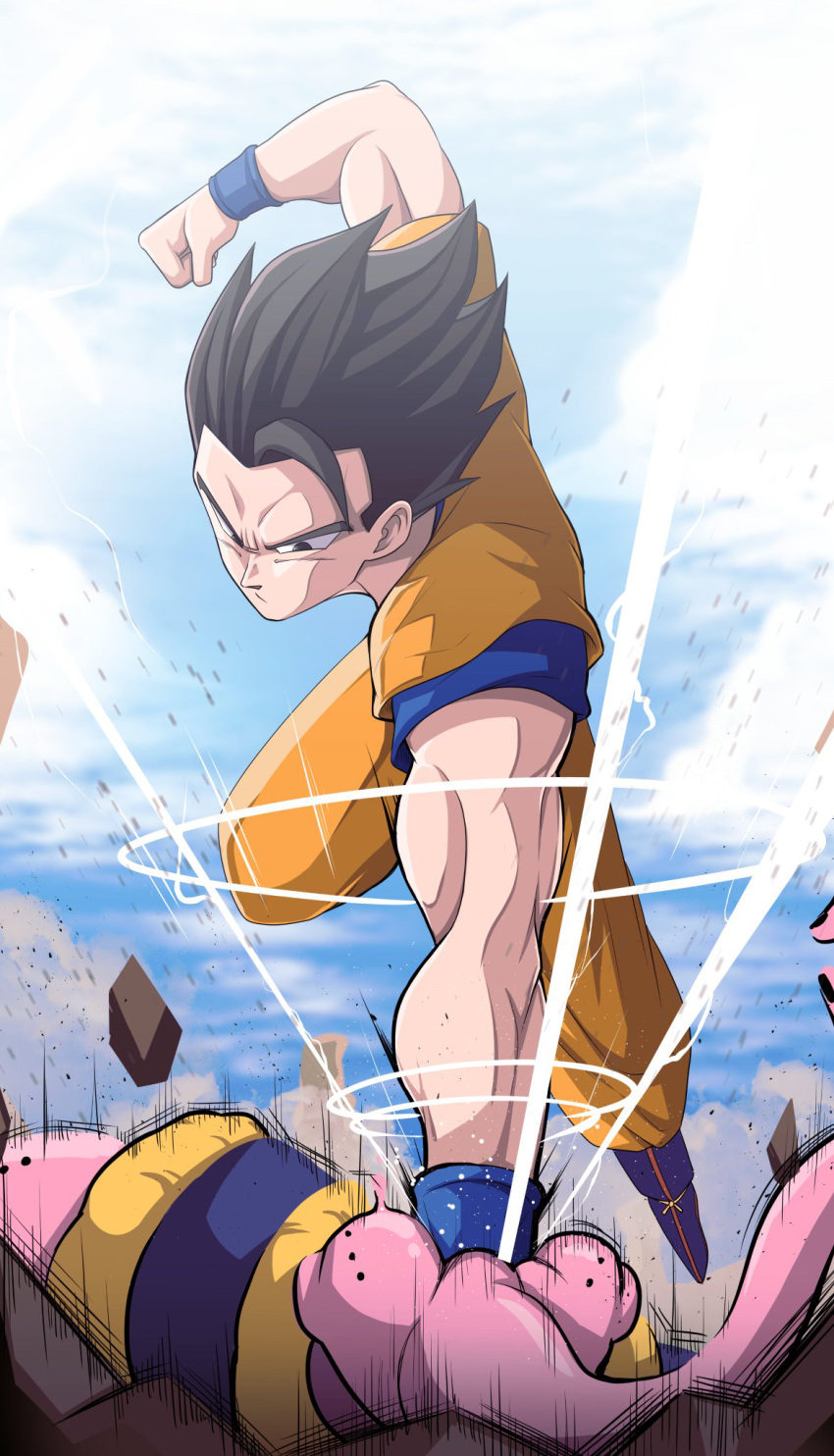 2boys act_(act_1113) baggy_pants battle biceps black_eyes black_hair blue_footwear blue_shirt blue_sky blue_wristband boots clenched_hands closed_mouth cloud colored_skin commentary_request day debris dougi dragon_ball dragon_ball_z face_punch highres in_the_face looking_at_another majin_buu male_focus motion_lines multiple_boys muscular muscular_male orange_pants outdoors pants pink_skin potential_unleashed punching raised_fist rock serious shirt short_sleeves sky smoke son_gohan spiked_hair v-shaped_eyebrows wristband