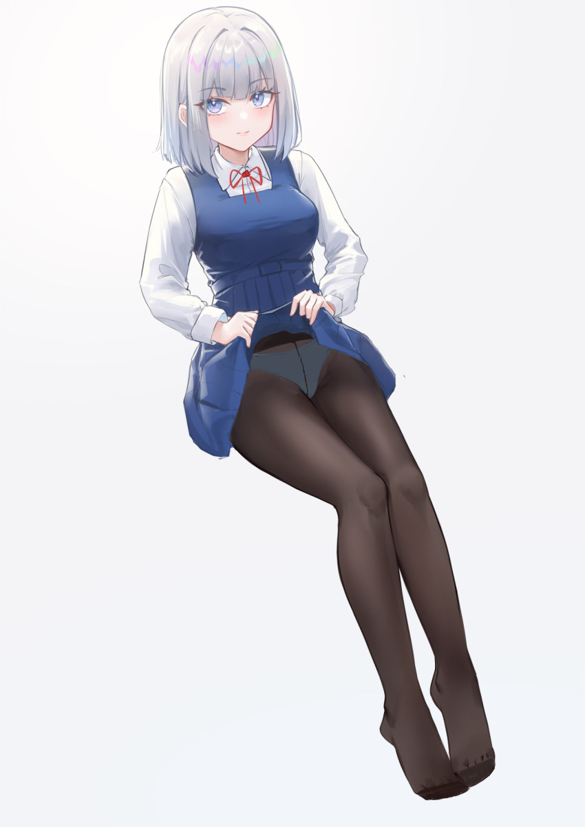 1girl black_pantyhose blue_dress blue_eyes blush bob_cut breasts closed_mouth clothes_lift collared_shirt commentary_request dress dress_lift eyelashes feet full_body grey_background grey_hair highres invisible_chair leaning_back legs legs_together lifted_by_self lim_(ramu) long_sleeves medium_breasts medium_hair neck_ribbon original panties panties_under_pantyhose pantyhose pleated_dress red_ribbon ribbon shirt short_dress simple_background sitting sleeveless sleeveless_dress solo toes underwear white_shirt