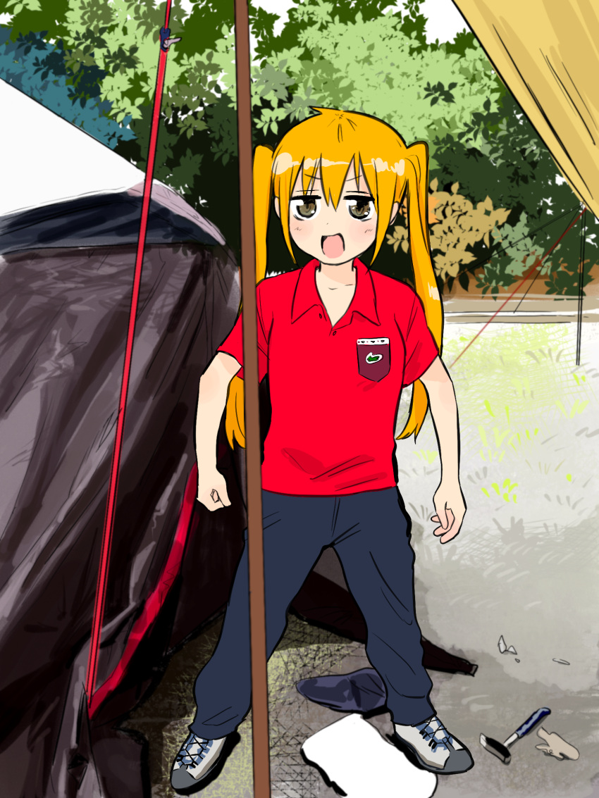 1girl black_pants blonde_hair blush camping collared_shirt day foliage grey_eyes hammer highres jibun_ga_twintail_no_kawaii_onna_no_ko_da_to_omoikonde_kyou_no_dekigoto_wo_4-koma_ni_suru jitome legs_apart long_hair looking_at_viewer outdoors paguraisu pants polo_shirt popped_collar red_shirt shirt shoes short_sleeves smile solo standing tent twintails v-shaped_eyebrows