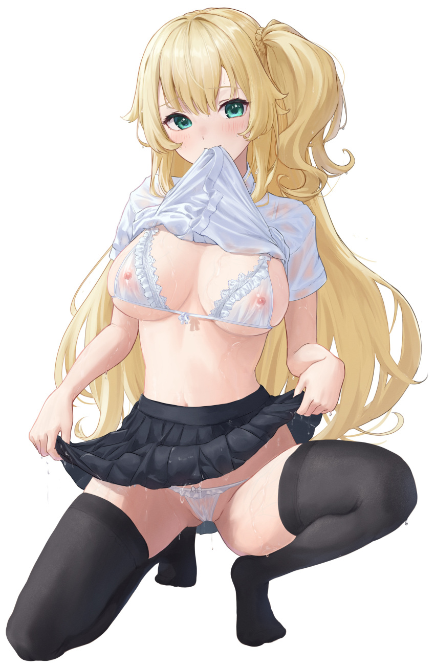 1girl absurdres biting biting_clothes black_skirt black_thighhighs blonde_hair blush bra breasts clothes_lift collared_shirt full_body green_eyes highres large_breasts lifted_by_self long_hair mouth_hold nipples one_side_up original panties school_uniform see-through see-through_bra see-through_panties shirt shirt_lift short_sleeves skirt skirt_lift solo squatting tansui_san_(tcjp4784) thighhighs underwear wet wet_bra wet_clothes wet_panties wet_shirt white_bra white_panties white_shirt