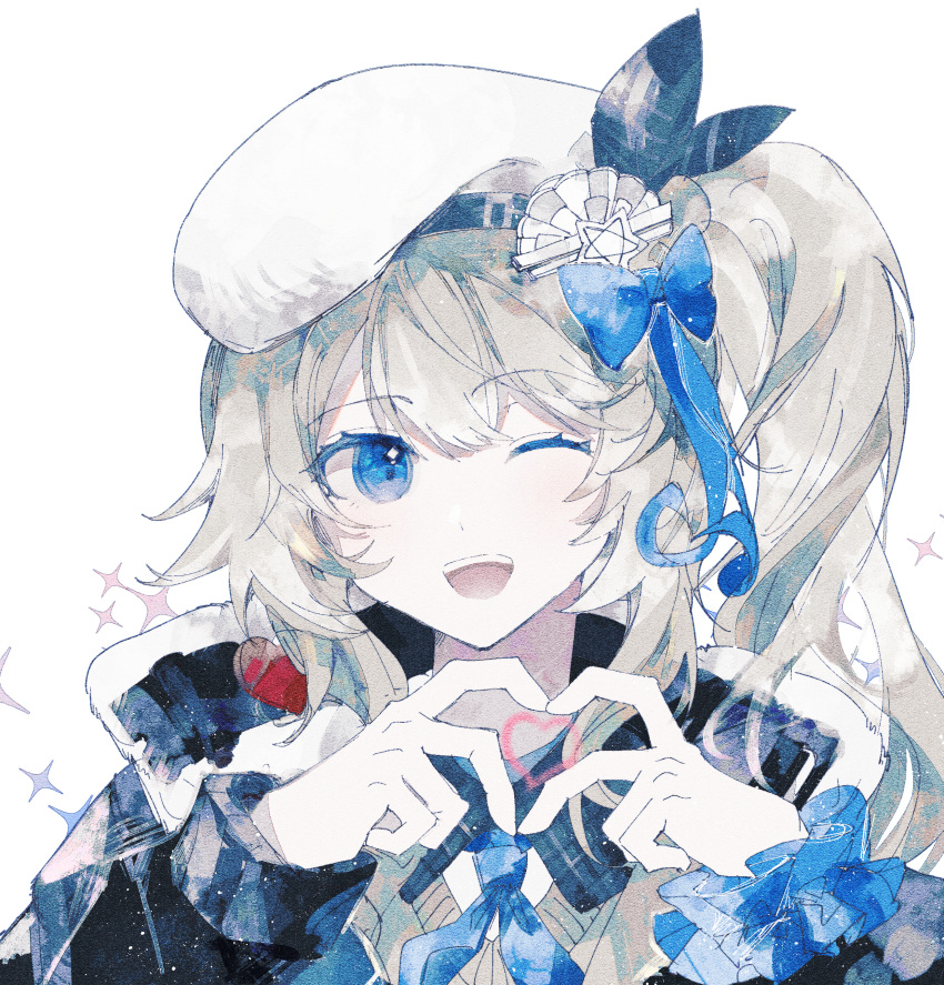 1girl ;d absurdres blue_eyes bow girls'_frontline_2:_exilium hair_bow heart heart_hands highres long_sleeves one_eye_closed pale_skin scrunchie side_ponytail simple_background smile solo sparkle upper_body vepley_(girls'_frontline_2) white_background white_headwear windworker wrist_scrunchie