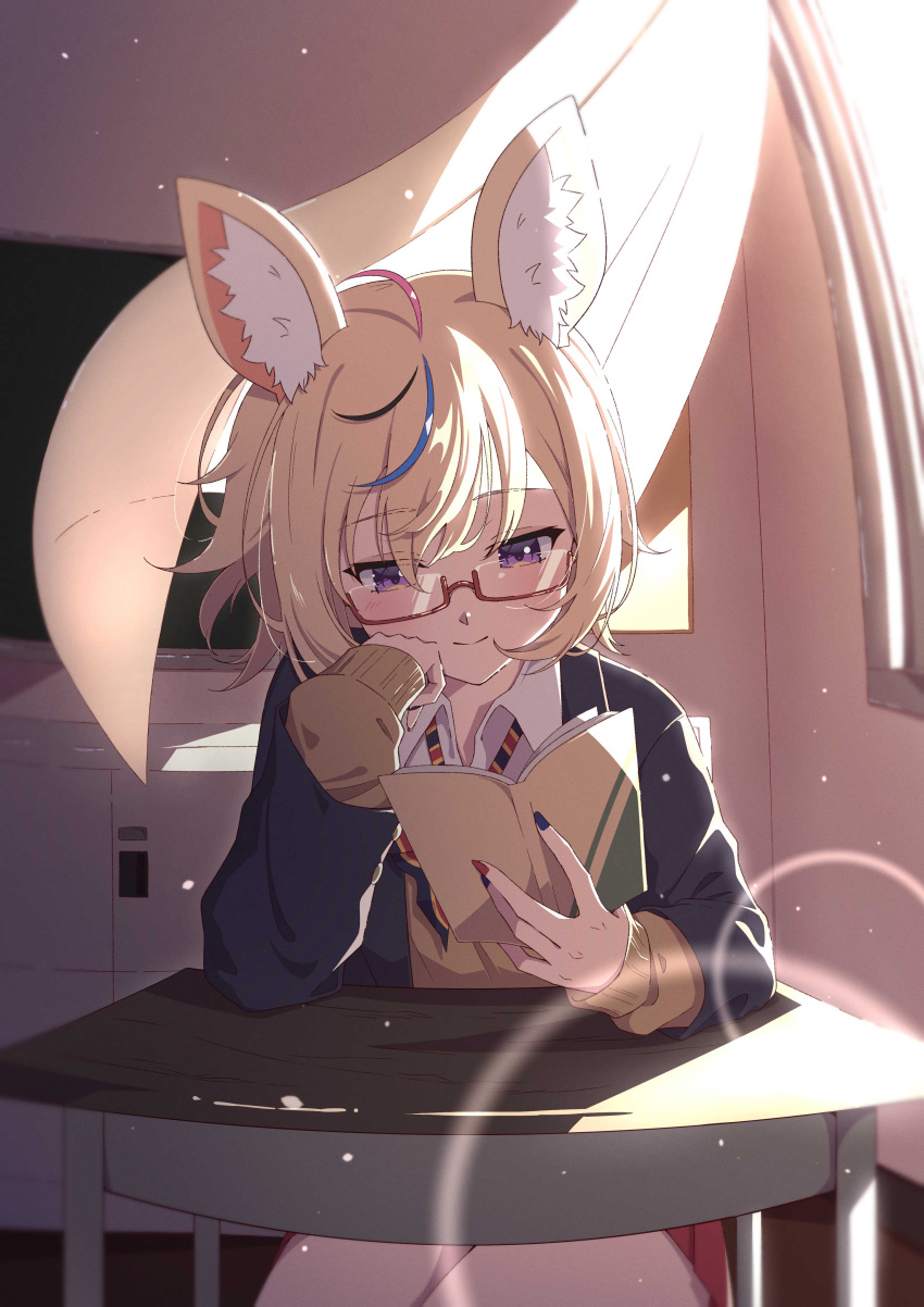 1girl absurdres ahoge akashi_(4kc_27) animal_ear_fluff animal_ears black_nails blazer blonde_hair book bow bowtie chalkboard classroom closed_mouth collared_shirt commentary curtains desk diagonal-striped_bow diagonal-striped_bowtie diagonal_stripes fennec_fox fingernails fox_ears fox_girl glasses hand_to_own_face highres holding holding_book hololive jacket lens_flare light_blush locker long_sleeves multicolored_bowtie multicolored_hair multicolored_nails nail_polish neckerchief official_alternate_hair_length official_alternate_hairstyle omaru_polka omaru_polka_(school_uniform) purple_eyes reading red-framed_eyewear red_nails red_skirt school_desk school_uniform semi-rimless_eyewear shirt short_hair sitting skirt smile solo striped sweater swept_bangs white_shirt