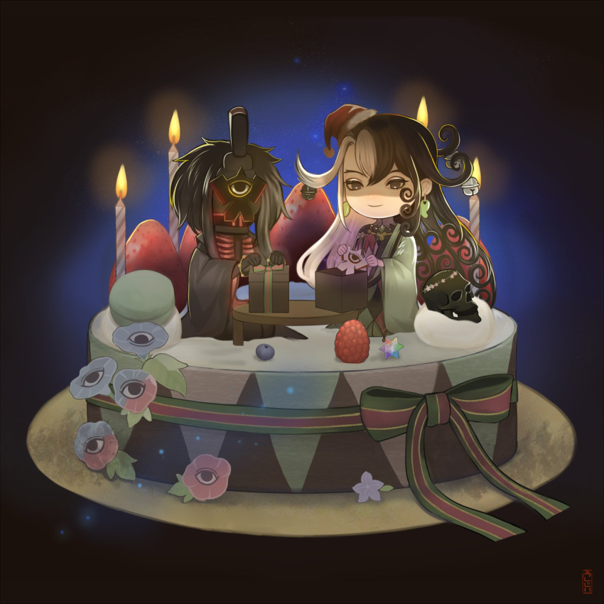 1boy 1other akimitsu-dono ashiya_douman_(fate) birthday black_eyes black_hair box cake candle curly_hair darkroom earrings evil_smile fate/grand_order fate_(series) food gift gift_box highres japanese_clothes jewelry kimono long_hair magatama magatama_earrings male_focus mini_person miniboy monster_boy multicolored_hair multiple_boys ritual shikishi skull smile split-color_hair ushijiya very_long_fingernails very_long_hair white_hair