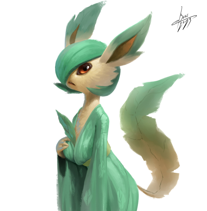 2023 absurd_res anthro artist_name blulesnsfw breasts brown_eyes cheek_tuft clothed clothing digital_media_(artwork) eeveelution facial_tuft fakemon female fingers fusion gardevoir generation_3_pokemon generation_4_pokemon green_clothing green_hair green_topwear hair hand_on_breast hi_res hybrid hybrid_pokemon leaf leafeon looking_at_viewer nintendo one_eye_obstructed open_mouth pokemon pokemon_(species) pokemon_fusion signature simple_background solo tail topwear tuft