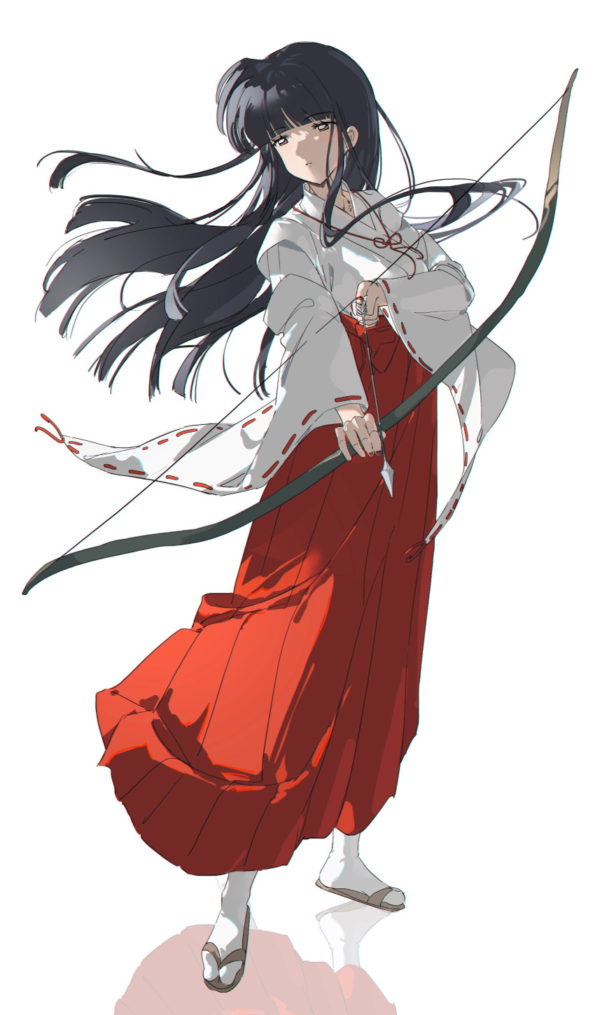 1girl absurdres bellflower black_hair bow_(weapon) flower hakama hakama_skirt highres holding holding_bow_(weapon) holding_weapon inuyasha japanese_clothes kikyou_(inuyasha) kimono long_hair miko red_hakama ribbon-trimmed_sleeves ribbon_trim sandals simple_background skirt solo spirit weapon white_background white_kimono wide_sleeves z3zz4