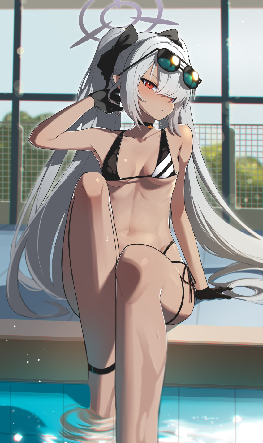 1girl absurdres black-framed_eyewear black_bow black_choker black_gloves blue_archive bongnom bow breasts choker closed_mouth dark-skinned_female dark_skin day eyewear_on_head fence gloves grey_hair hair_bow halo highres iori_(blue_archive) iori_(swimsuit)_(blue_archive) lens_flare long_hair navel pointy_ears pool red_eyes sitting small_breasts soaking_feet solo stomach sunglasses twintails very_long_hair water