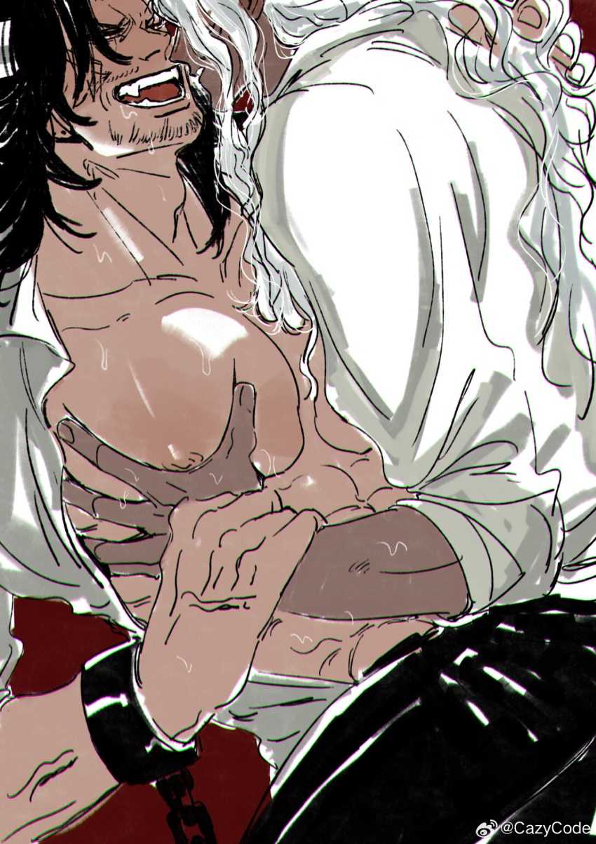 2boys abs aged_down bara bare_pectorals beard black_hair dark-skinned_male dark_skin face-to-face facial_hair feet_out_of_frame from_side grabbing hand_in_another's_hair highres horns interracial kaidou_(one_piece) king_(one_piece) large_pectorals long_hair male_focus mature_male mcbuckwheat multiple_boys muscular muscular_male mustache nipples one_piece pectoral_grab pectorals smile straddling sweat upright_straddle very_sweaty white_hair yaoi