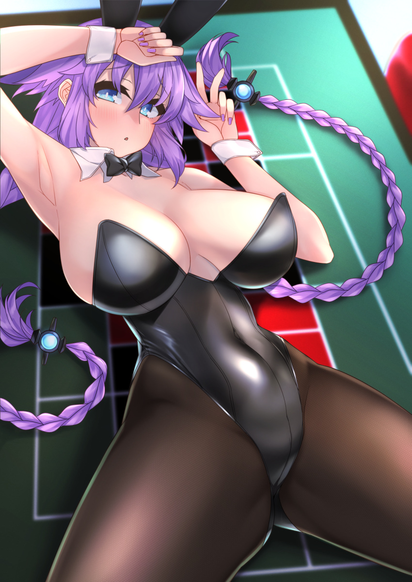 1girl alternate_breast_size animal_ears bare_shoulders black_leotard black_pantyhose blue_eyes blush braid breasts cleavage covered_navel cuffs detached_collar dura hair_between_eyes hair_ornament highres large_breasts leotard long_hair looking_at_viewer lying neptune_(series) on_back open_mouth pantyhose playboy_bunny power_symbol purple_hair purple_heart rabbit_ears skin_tight solo symbol-shaped_pupils twin_braids twintails very_long_hair