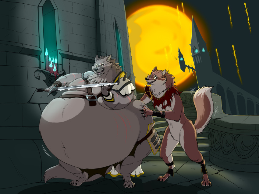 2022 anthro arlinn_kord belly big_belly bottomwear candle canid canine canis castle claws clothing cross-popping_vein duo eye_contact fangs female fire fur glaring hand_on_stomach hasbro hectorthewolf holding_object holding_sword holding_weapon loincloth looking_at_another magic:_the_gathering male mammal melee_weapon moon morbidly_obese morbidly_obese_anthro morbidly_obese_male mostly_nude navel obese obese_anthro obese_male open_mouth overweight overweight_anthro overweight_male raised_tail shoulder_guards standing sword tail teeth toe_claws tongue tovolar weapon were werecanid werecanine werewolf wizards_of_the_coast wolf