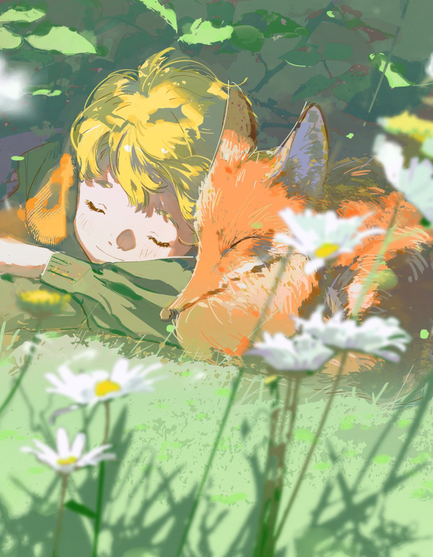 1boy animal blonde_hair blurry child closed_eyes closed_mouth depth_of_field facing_viewer flower fox grass green_theme highres le_petit_prince long_sleeves lying male_focus nature on_ground on_stomach prince_(le_petit_prince) prince_(masterwork_apocalypse) sheya_tin short_hair sleeping smile white_flower