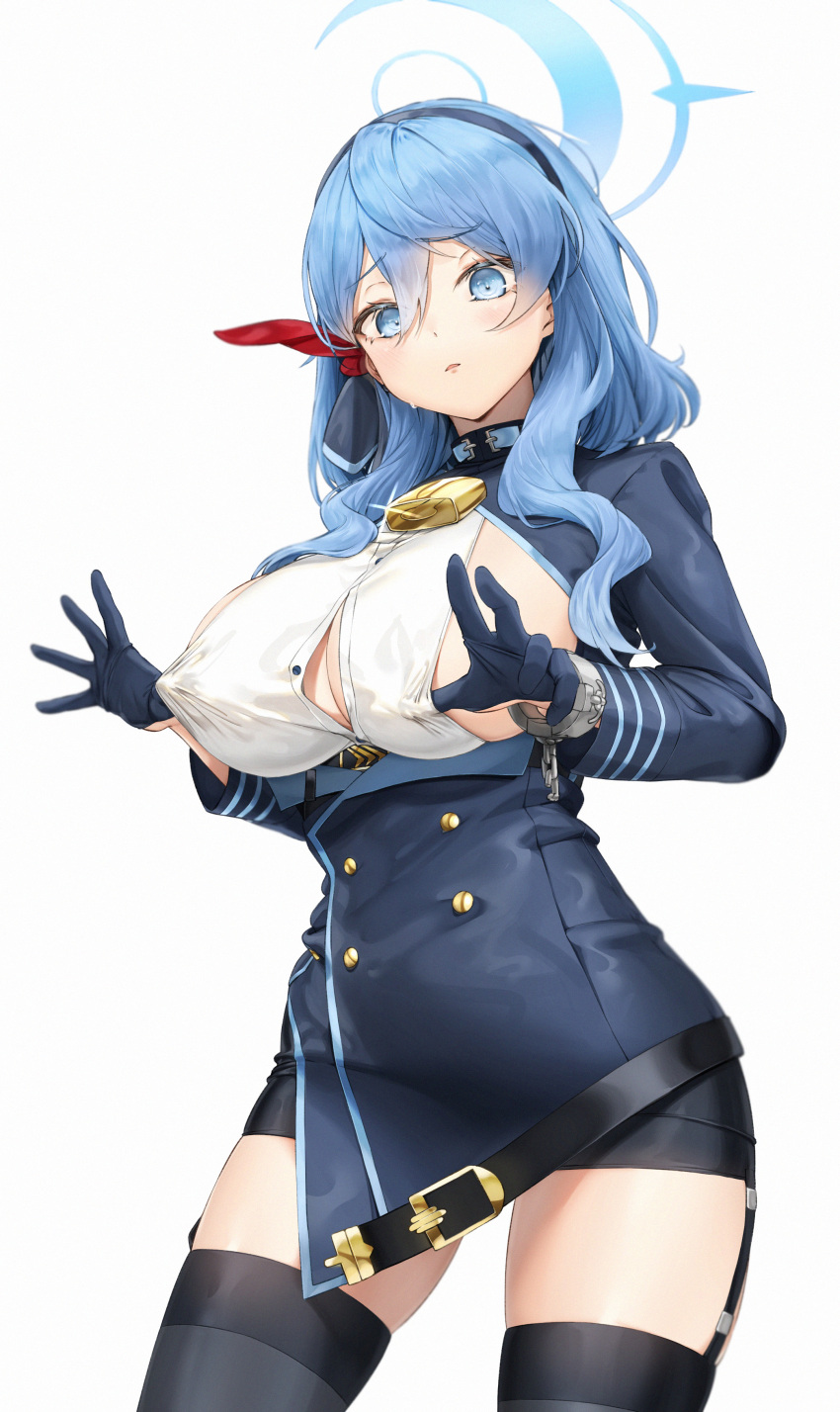 1girl absurdres ako_(blue_archive) bell belt black_garter_straps black_skirt black_thighhighs blue_archive blue_eyes blue_hair blue_halo blue_jacket breasts button_gap cleavage garter_straps glint halo highres jacket large_breasts long_sleeves looking_at_viewer neck_bell pencil_skirt pixel_(yuxian) shirt sideless_outfit simple_background skirt solo thighhighs white_background white_shirt