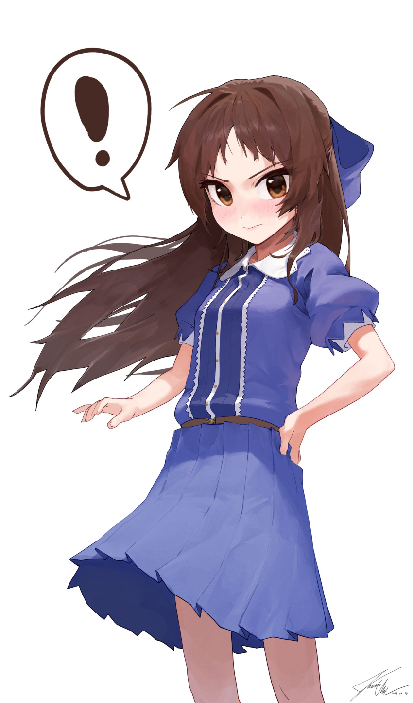 ! 1girl absurdres blue_bow blue_dress blush bow brown_eyes brown_hair collared_dress commentary_request dress feet_out_of_frame floating frown hair_bow half_updo highres idolmaster idolmaster_cinderella_girls idolmaster_cinderella_girls_u149 jiho_jyo_1 long_hair looking_at_viewer pleated_dress short_sleeves simple_background solo spoken_exclamation_mark tachibana_arisu white_background