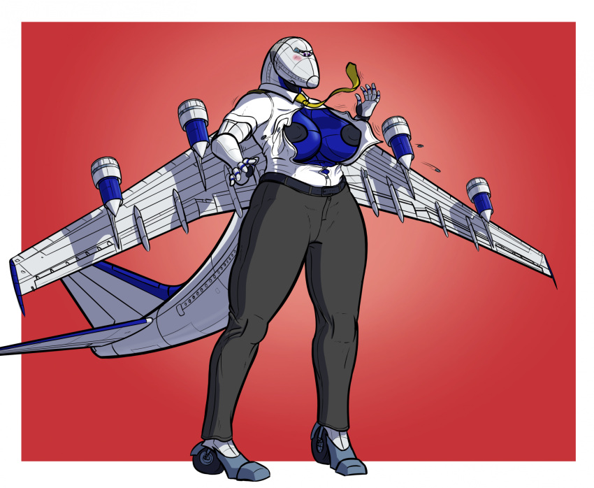 aircraft anthro biped blush boeing_747 bottomwear breasts clothing exposed_breasts female hi_res living_aircraft living_machine living_vehicle machine metallic_body necktie nipples pants shirt simple_background solo standing top_kek_m9 topwear vehicle wardrobe_malfunction wheels wings